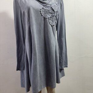 Feratelli Women's Boho Art Top Gray‎ Long Sleeve   Tunic Style Lace Crochet SZ M